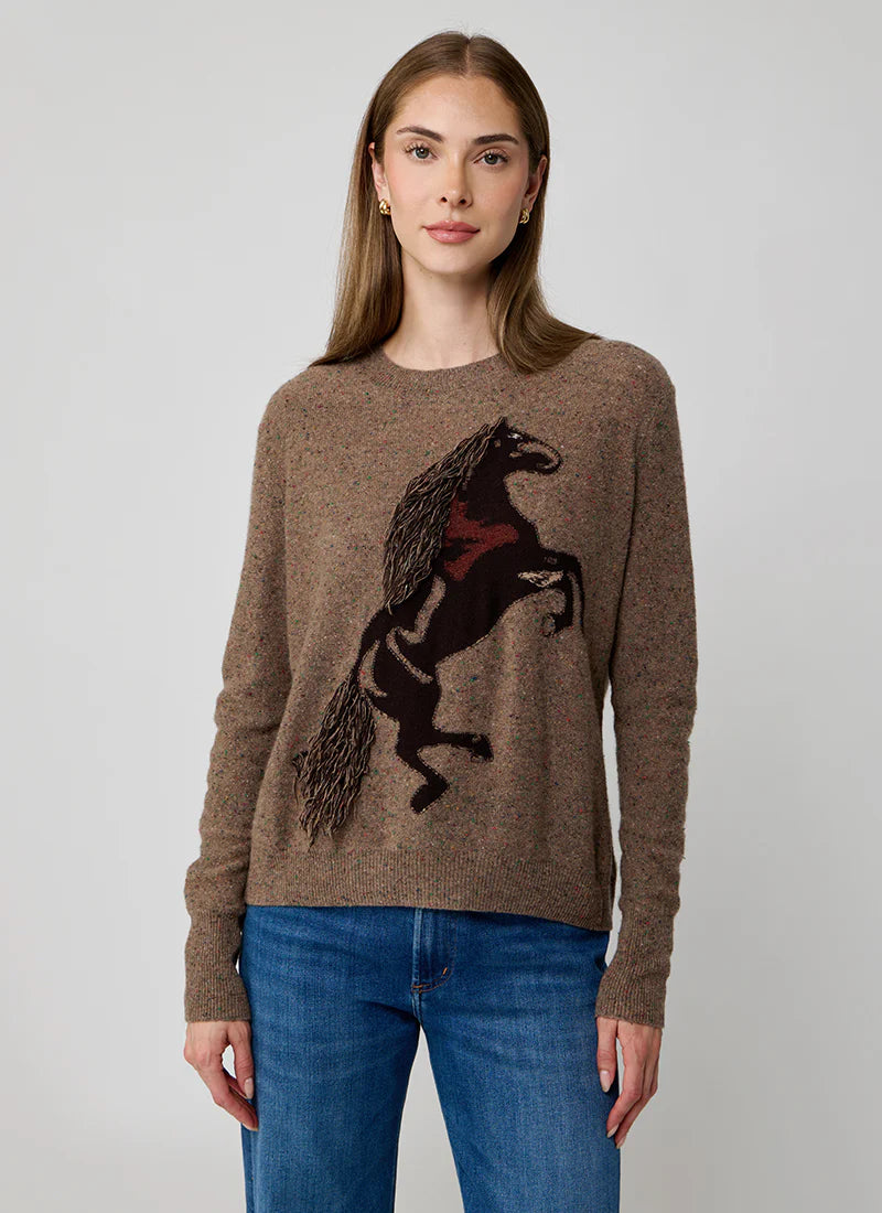 Intarsia Horse Crew With Fringe In Brownie