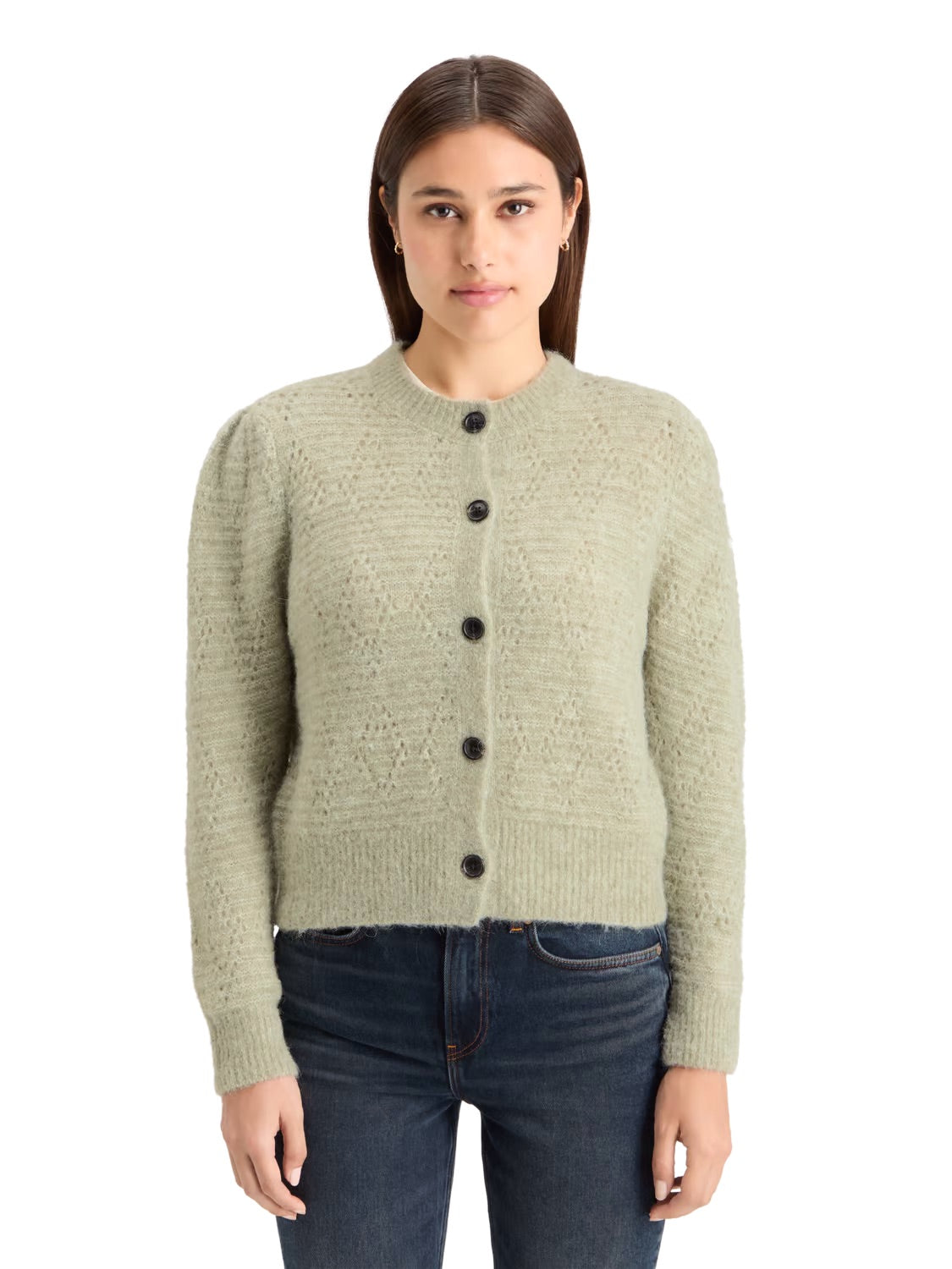 Bouclé Crewneck Cardigan In Washed Sage