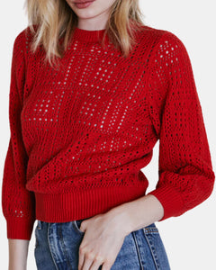 Puff Sleeve Tile Stitch Crew In Pimento