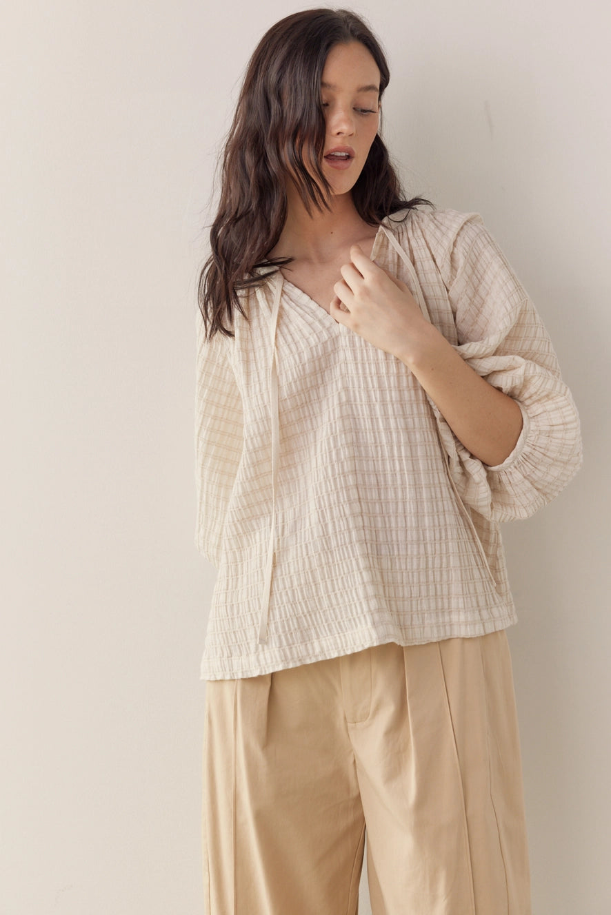 Textured Peasant Blouse in Natural & Solid