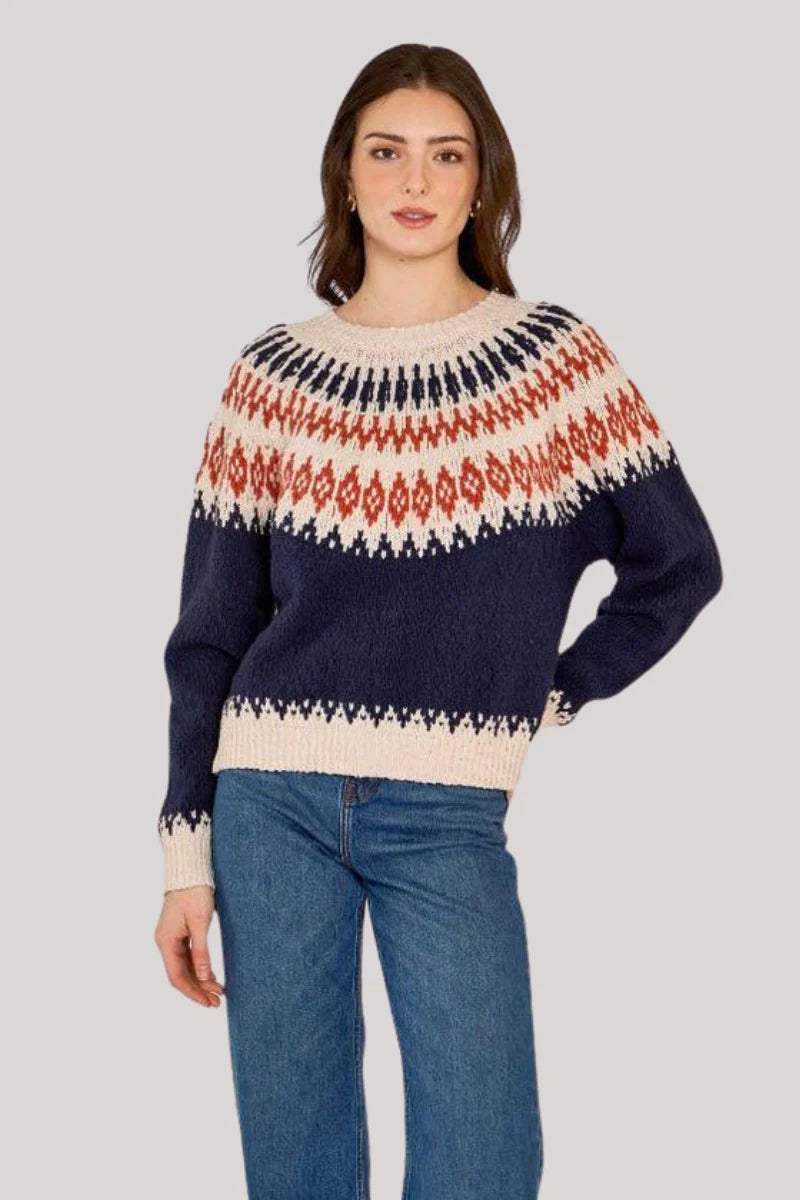 Chunky Fair Isle Cotton Crew In Navy