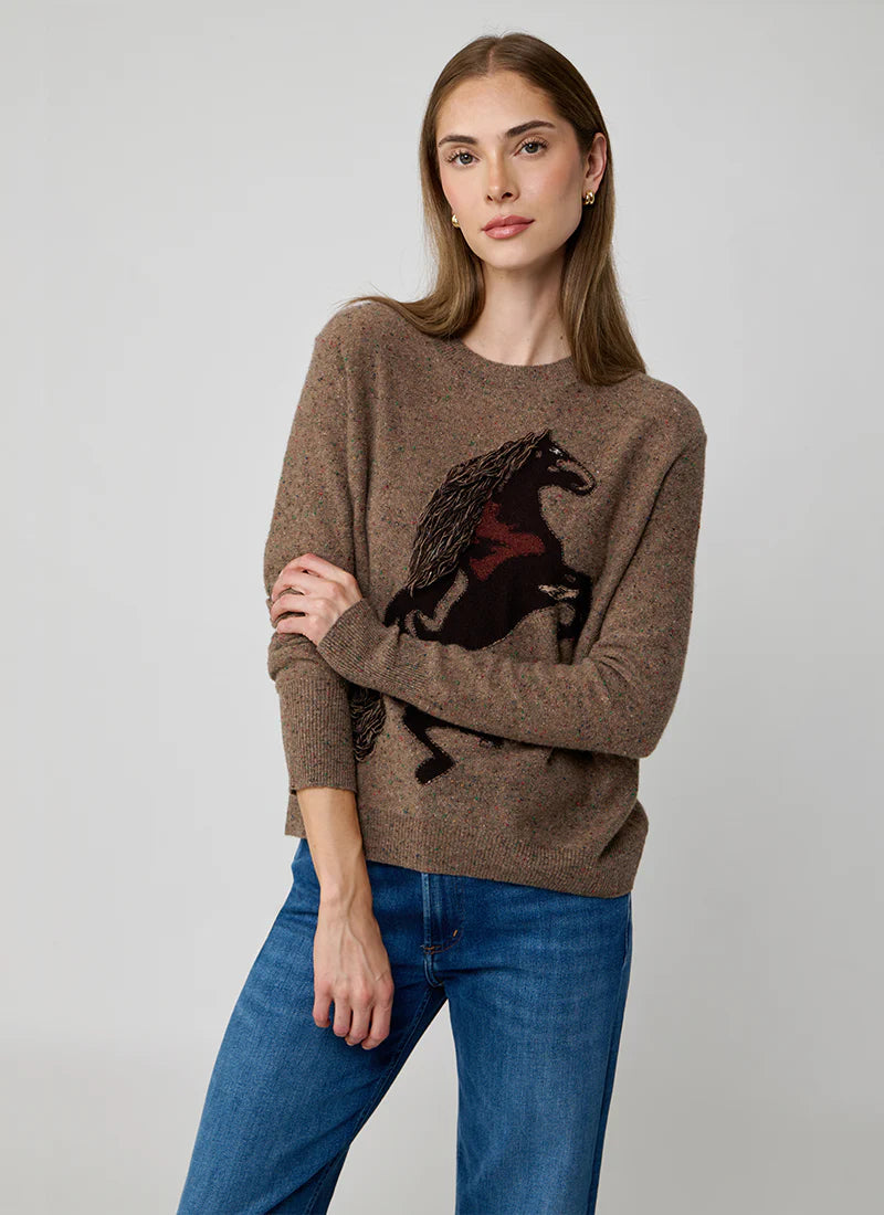 Intarsia Horse Crew With Fringe In Brownie