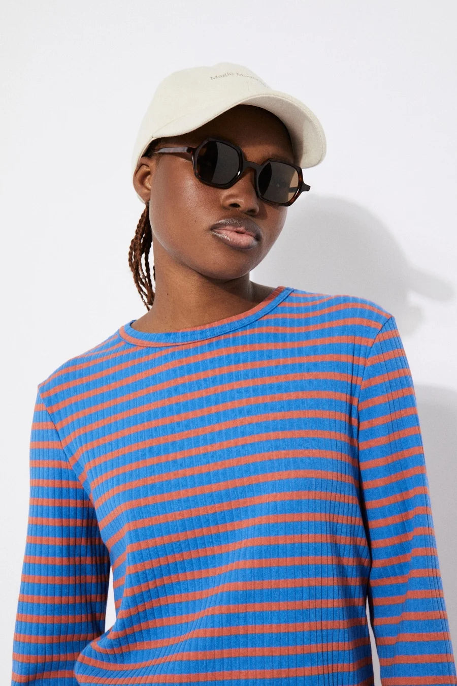 Rodo Striped Crewneck Top In Orange & Blue