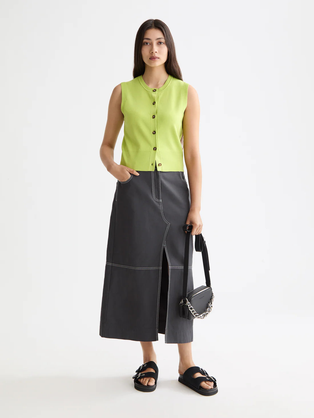 Workwear Front Slit Midi Skirt In Charcoal Art