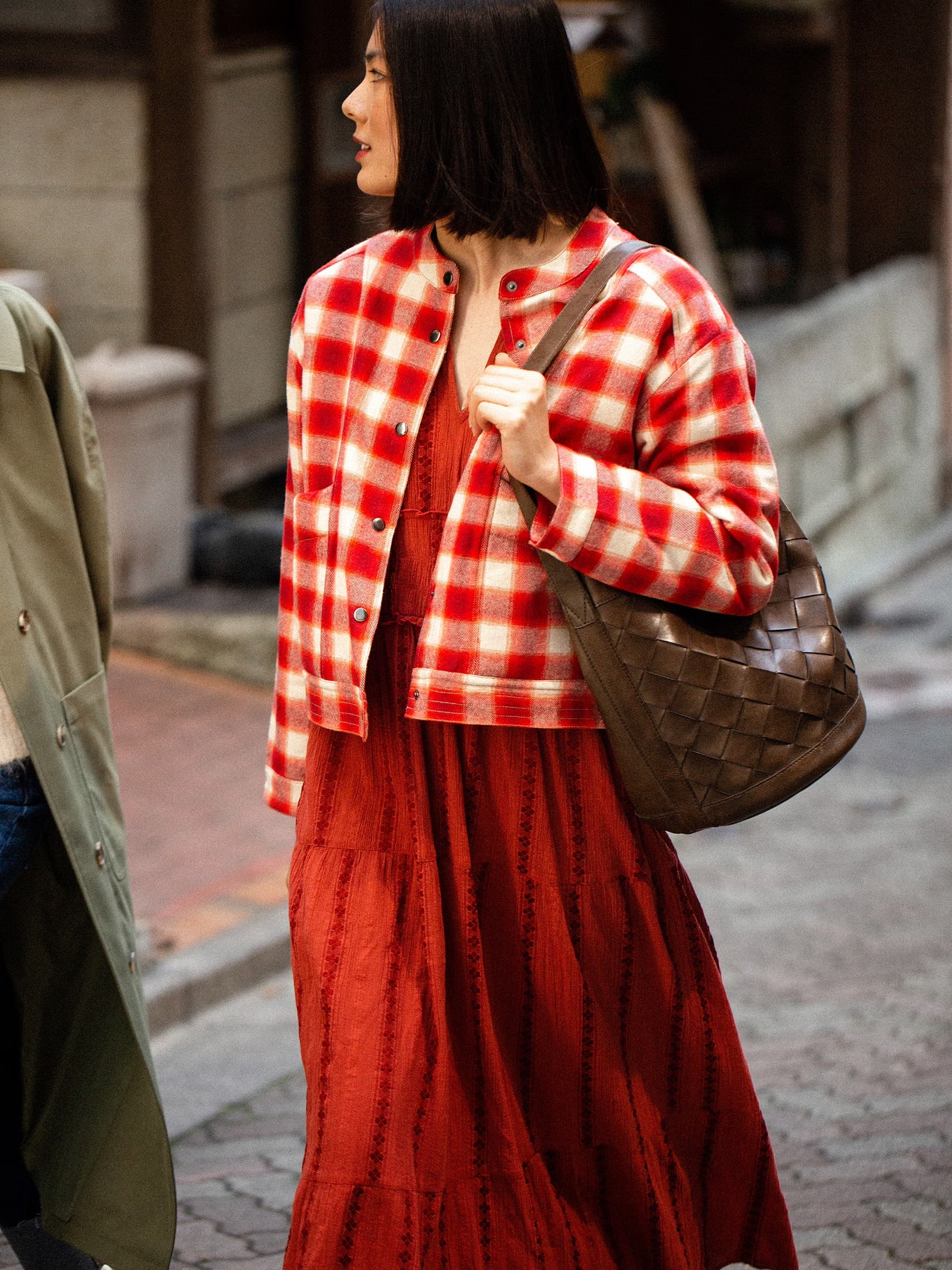 Checkered Wool Bomber In Red & Cream