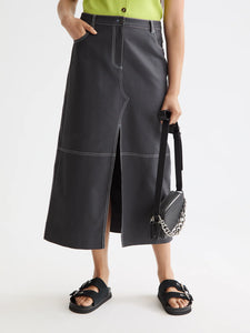 Workwear Front Slit Midi Skirt In Charcoal Art