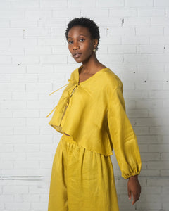 Linen Tie Front Top in Chartreuse