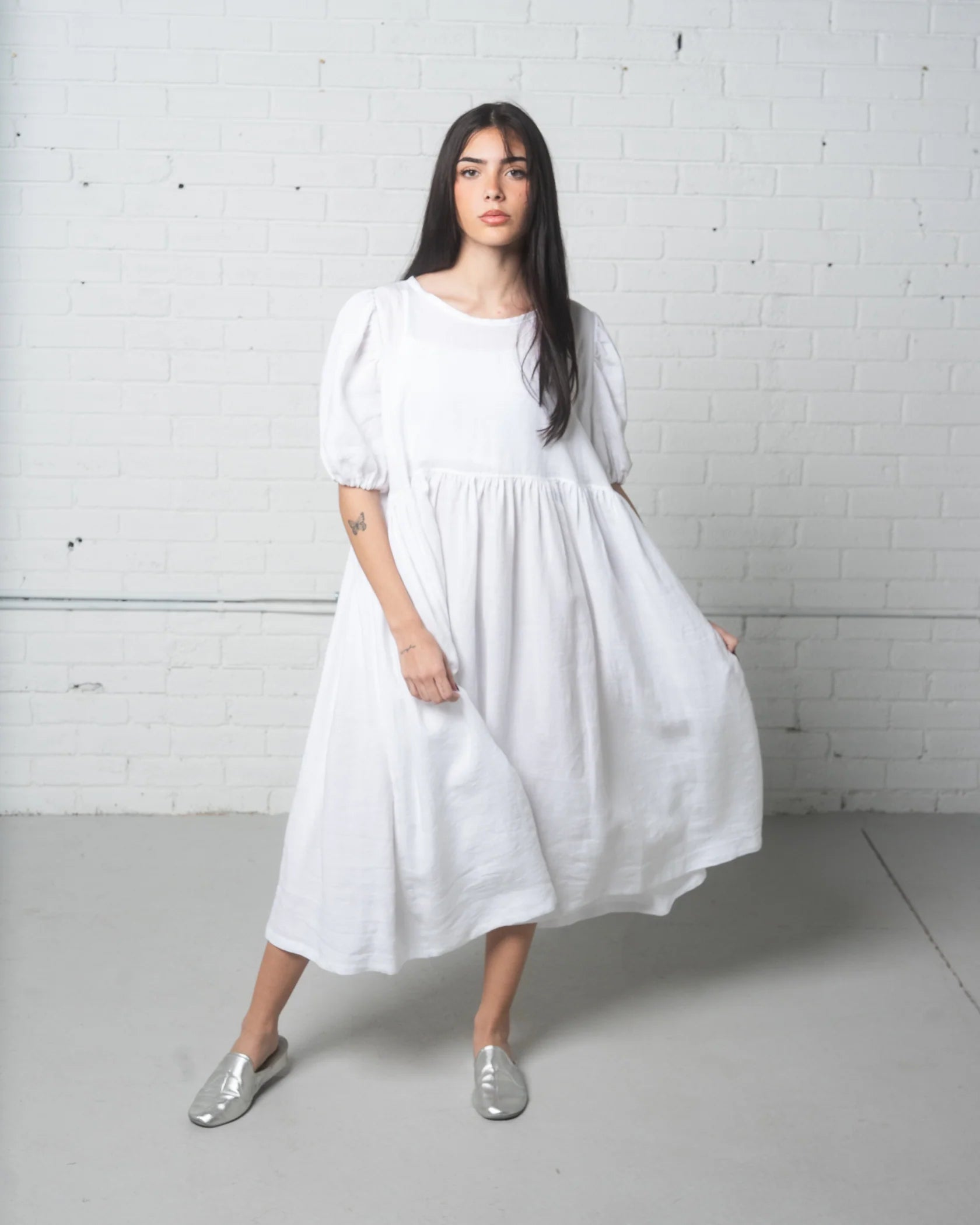 Linen Babydoll Dress in White