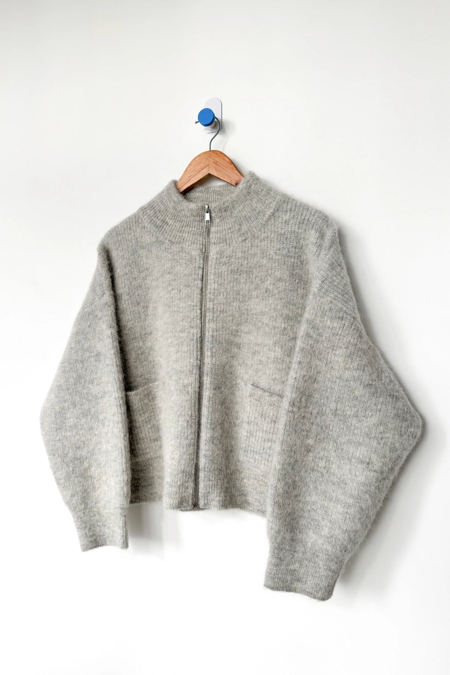 Alpaca Front Zip Sweater In Light Grey