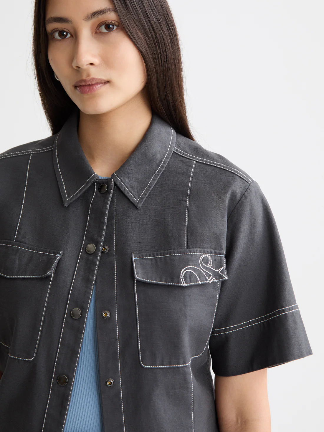 Patch Pocket Short Sleeve Shirt In Charcoal Art