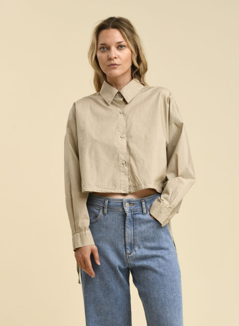 Berta Cropped Cinched Waist Button Up in Desert Taupe