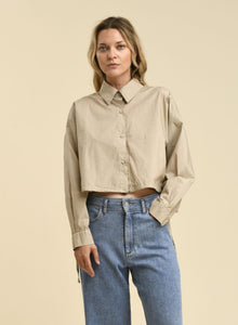 Berta Cropped Cinched Waist Button Up in Desert Taupe