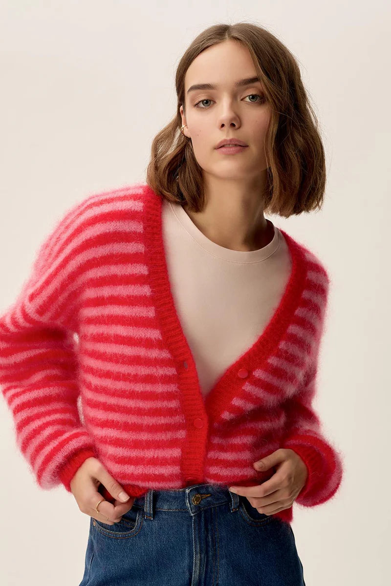 Alvaro Stripe Mohair Cardigan In Bubble & Tomato