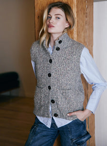 Button Front Mock Neck Vest In Storm Grey