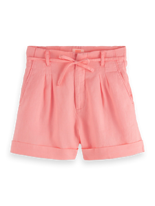 High Rise Linen Shorts In Neon Coral