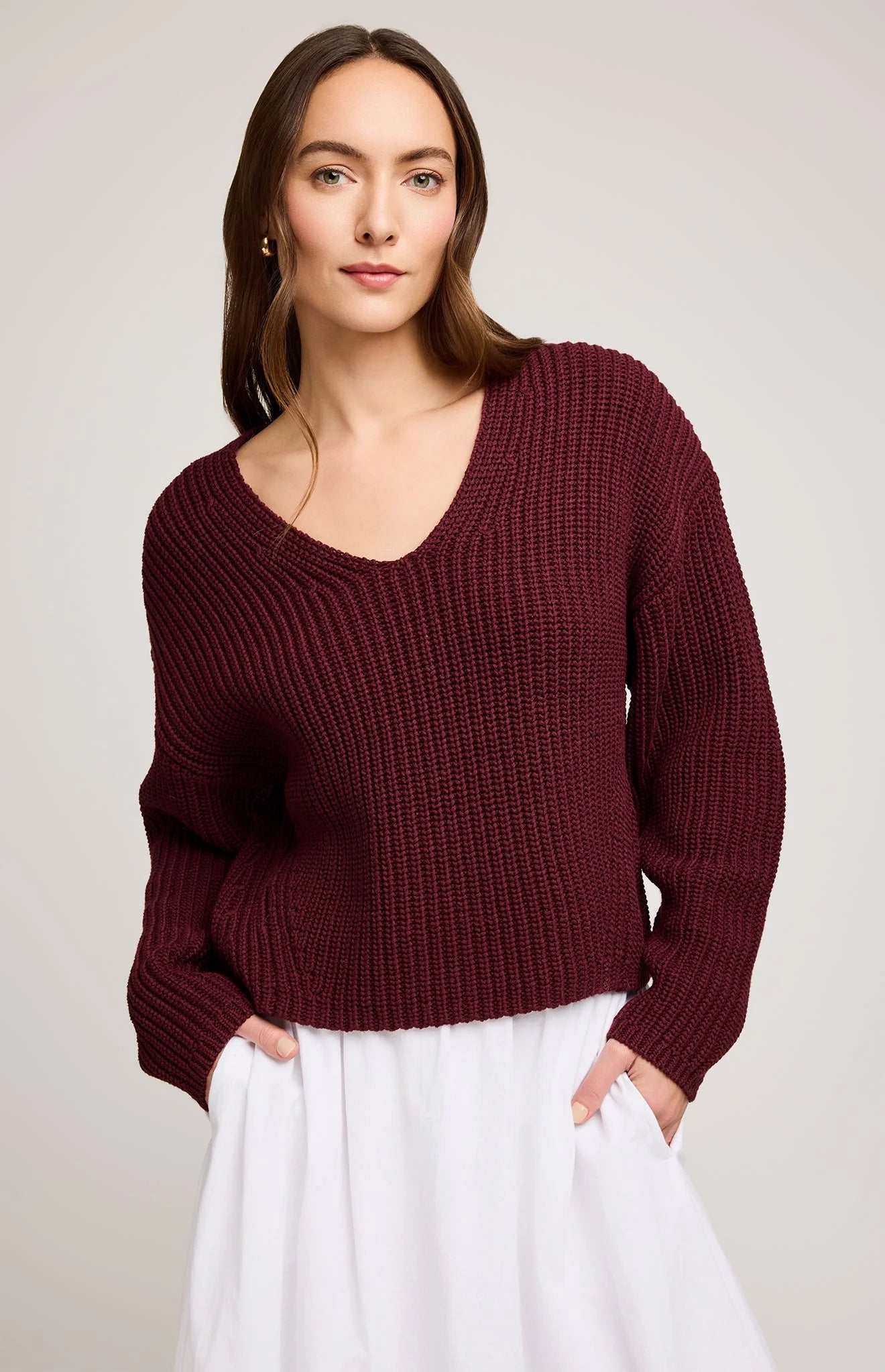 Spencer V-Neck Knit Sweater In Merlot