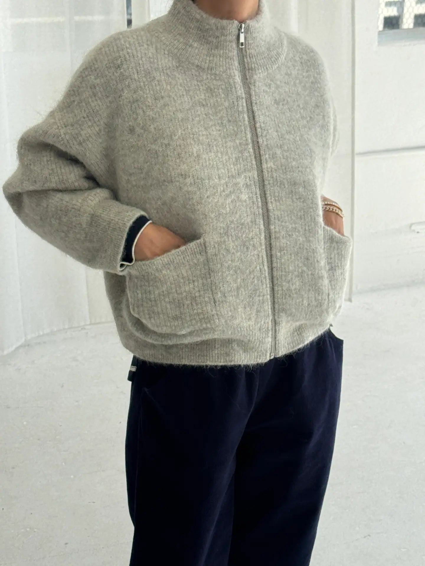 Alpaca Front Zip Sweater In Light Grey