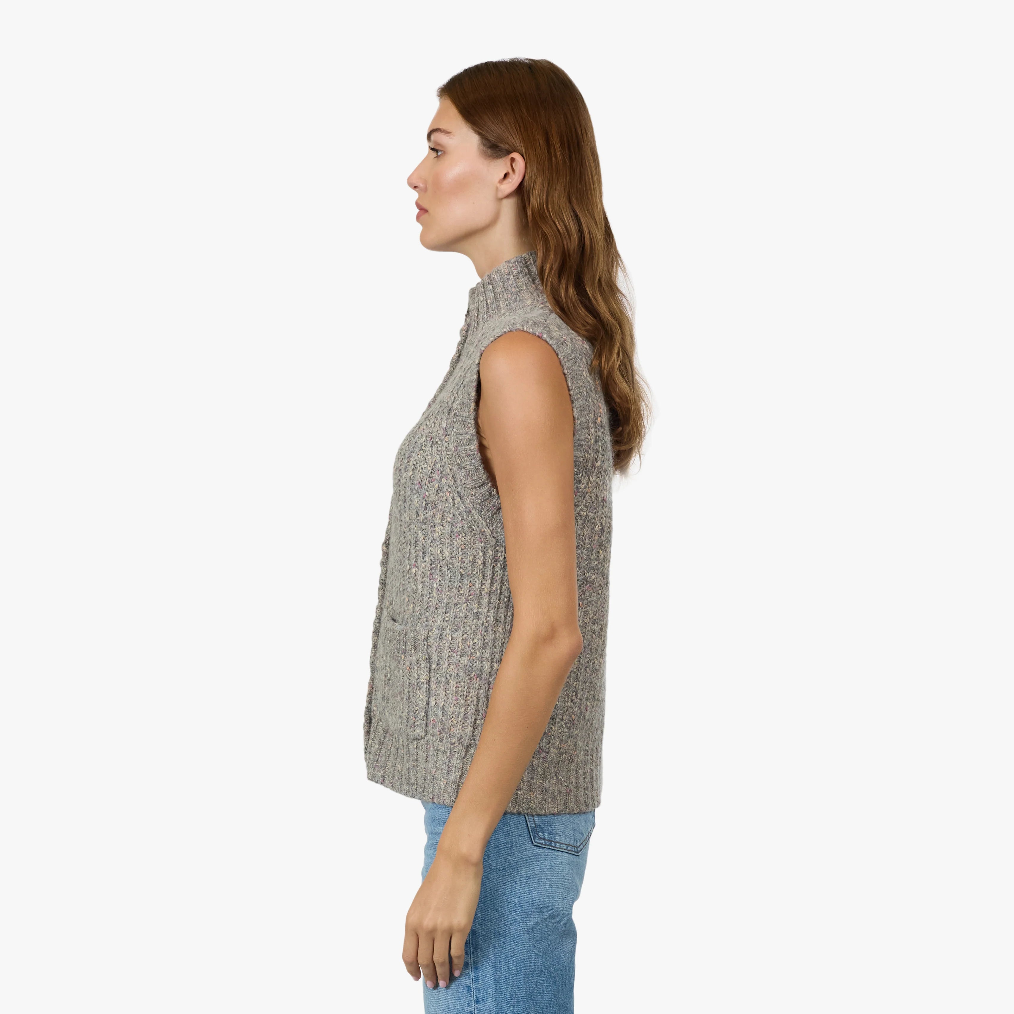 Button Front Mock Neck Vest In Storm Grey