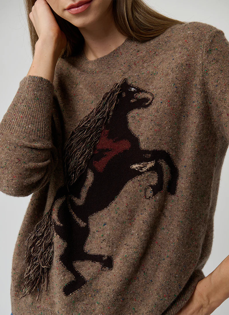Intarsia Horse Crew With Fringe In Brownie
