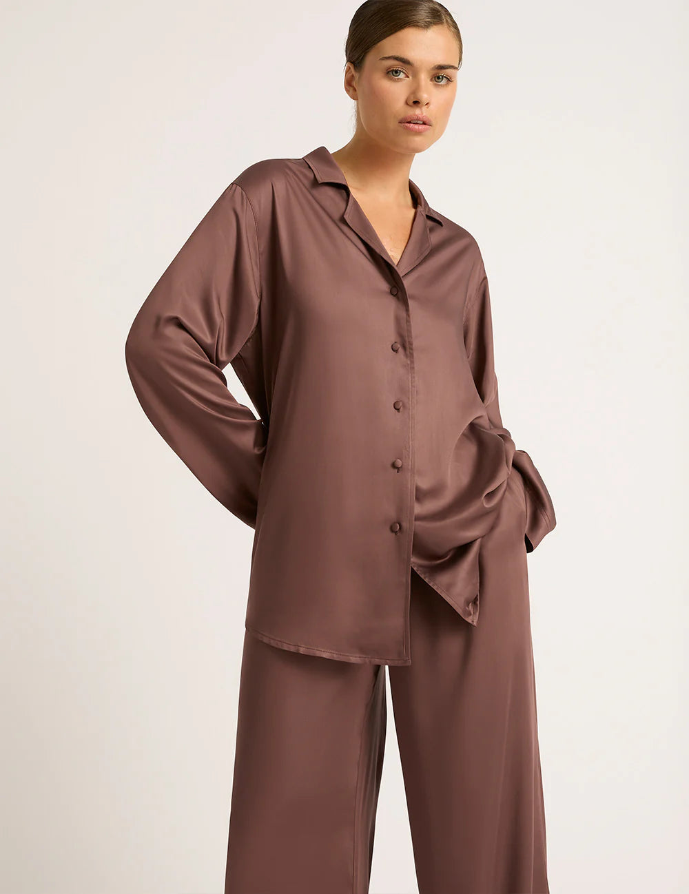 Vegan Silk Long Sleeve Sleep Shirt In Garnet