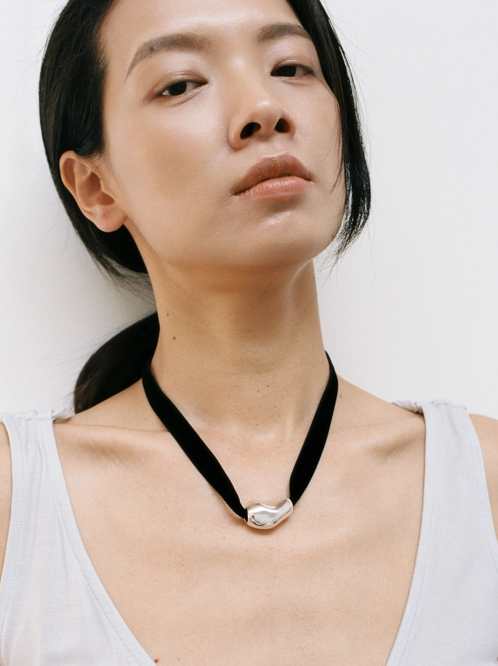 Bean Pendant Necklace On Velvet Chord