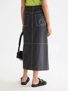 Workwear Front Slit Midi Skirt In Charcoal Art