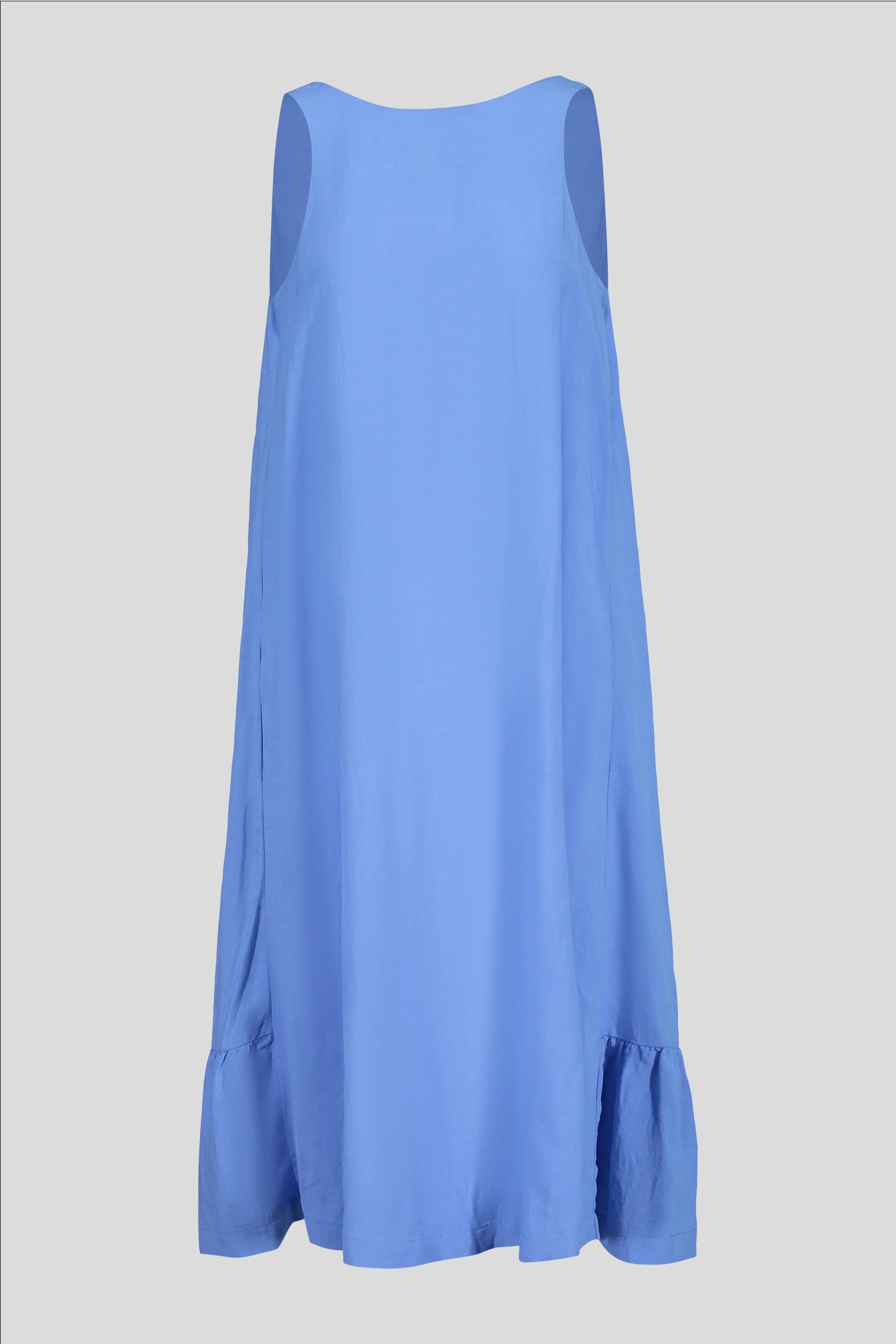 Tara Sleeveless Ruffle Dress in Blue Linen
