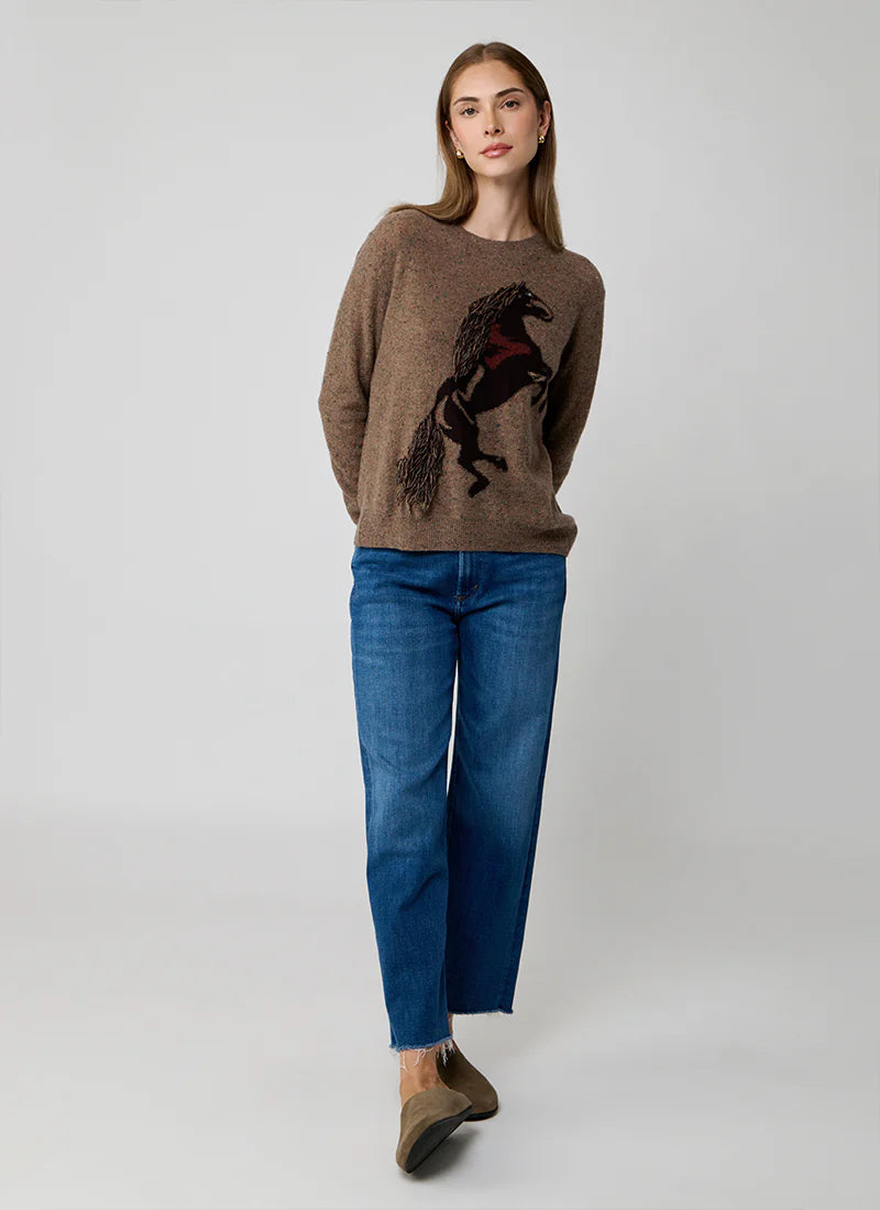 Intarsia Horse Crew With Fringe In Brownie