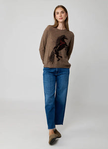 Intarsia Horse Crew With Fringe In Brownie