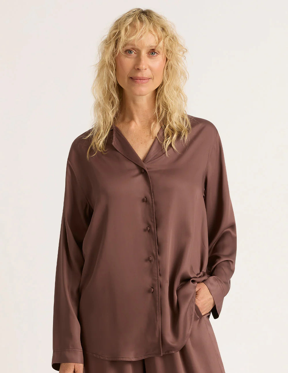 Vegan Silk Long Sleeve Sleep Shirt In Garnet