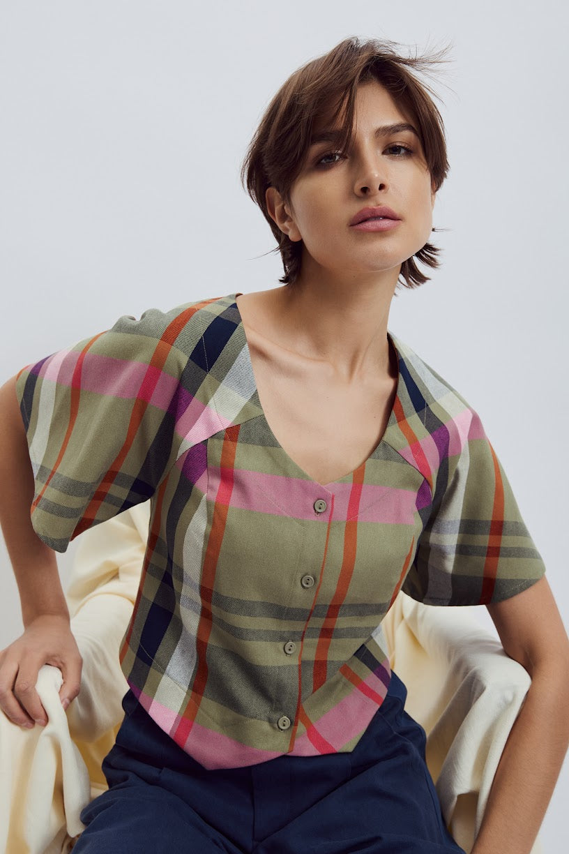 Mavia Top In Pink Tartan