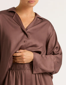 Vegan Silk Long Sleeve Sleep Shirt In Garnet