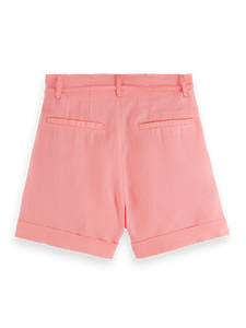 High Rise Linen Shorts In Neon Coral