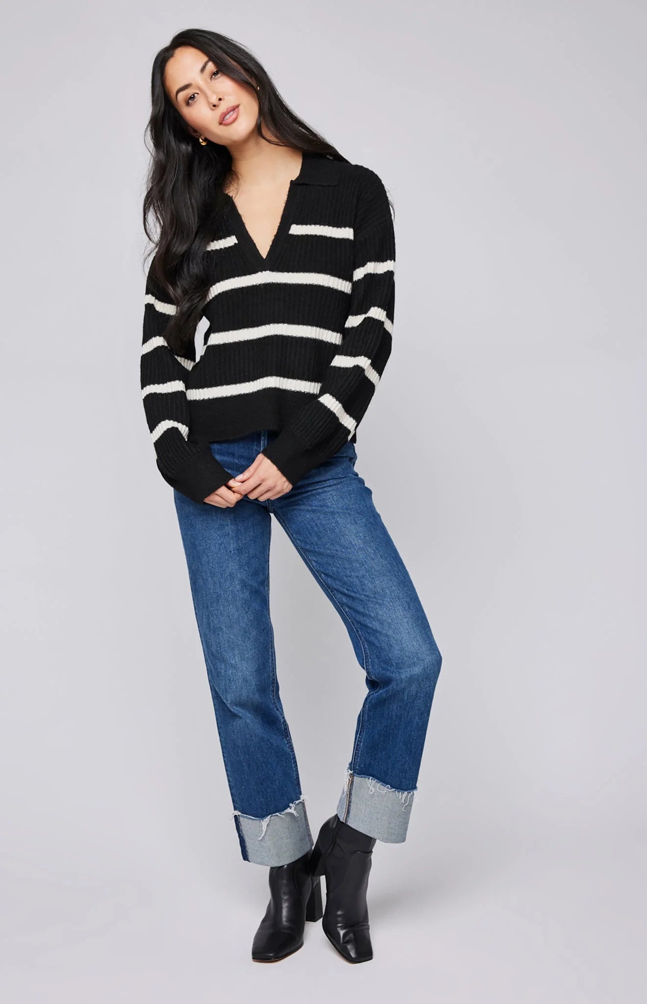 Beckett Collared Stripe Sweater In Black & White