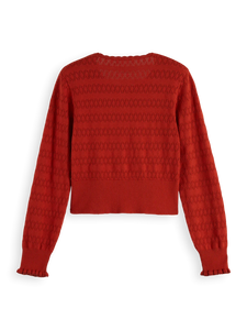 Pointelle Knit Cardigan In Red