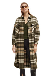 Wool Blend Checked Long Shirt Jacket in Field Green