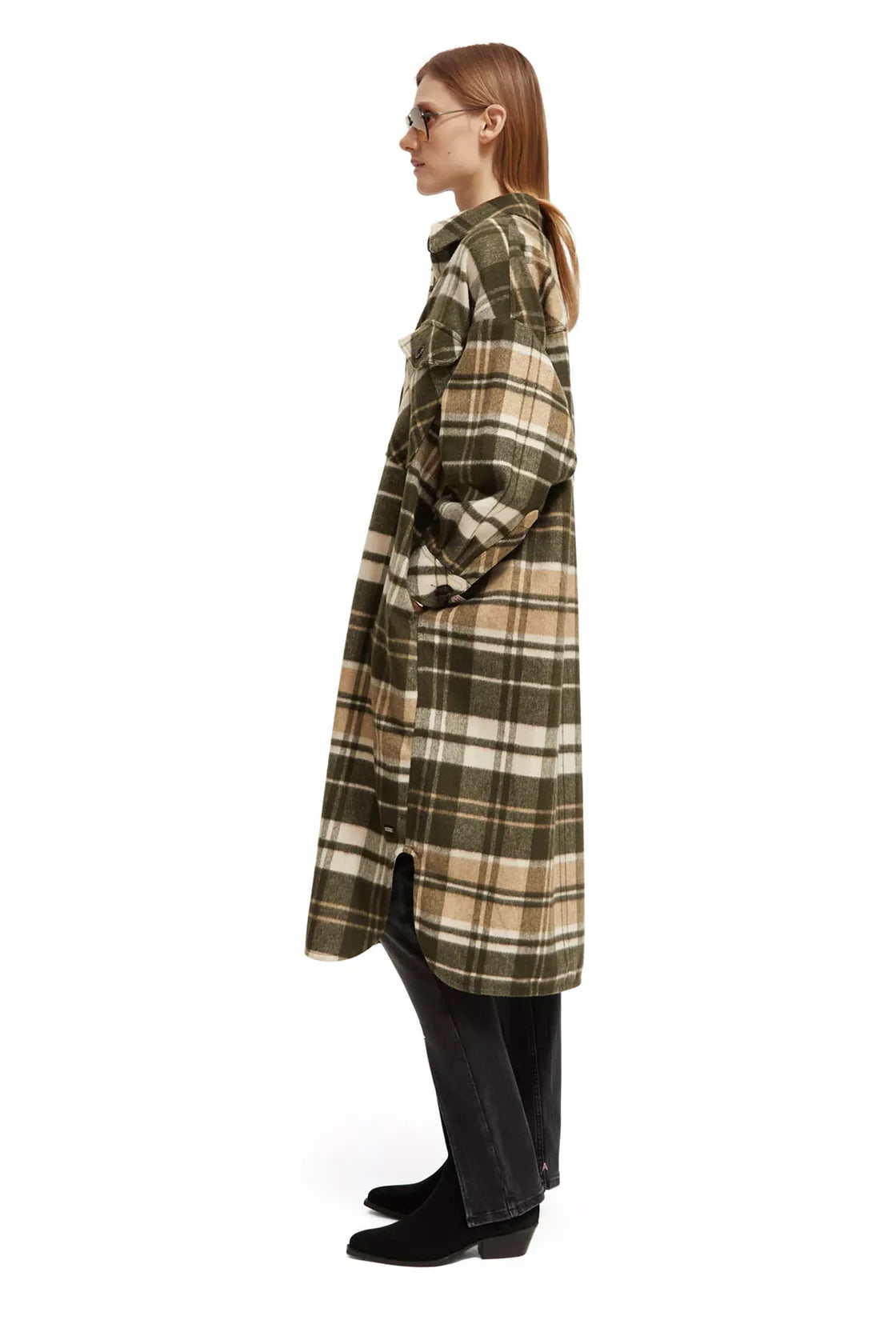 Wool Blend Checked Long Shirt Jacket in Field Green