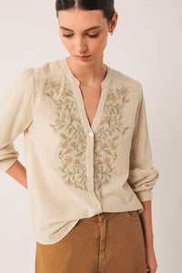 Embroided V-Neck Blouse In Cream