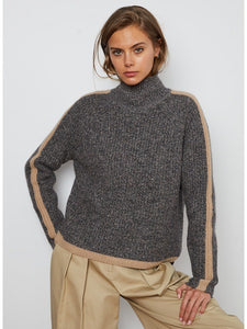 Tipped Tweed Mock with Ribbed Raglan Detail in Asphalt/Cork Combo