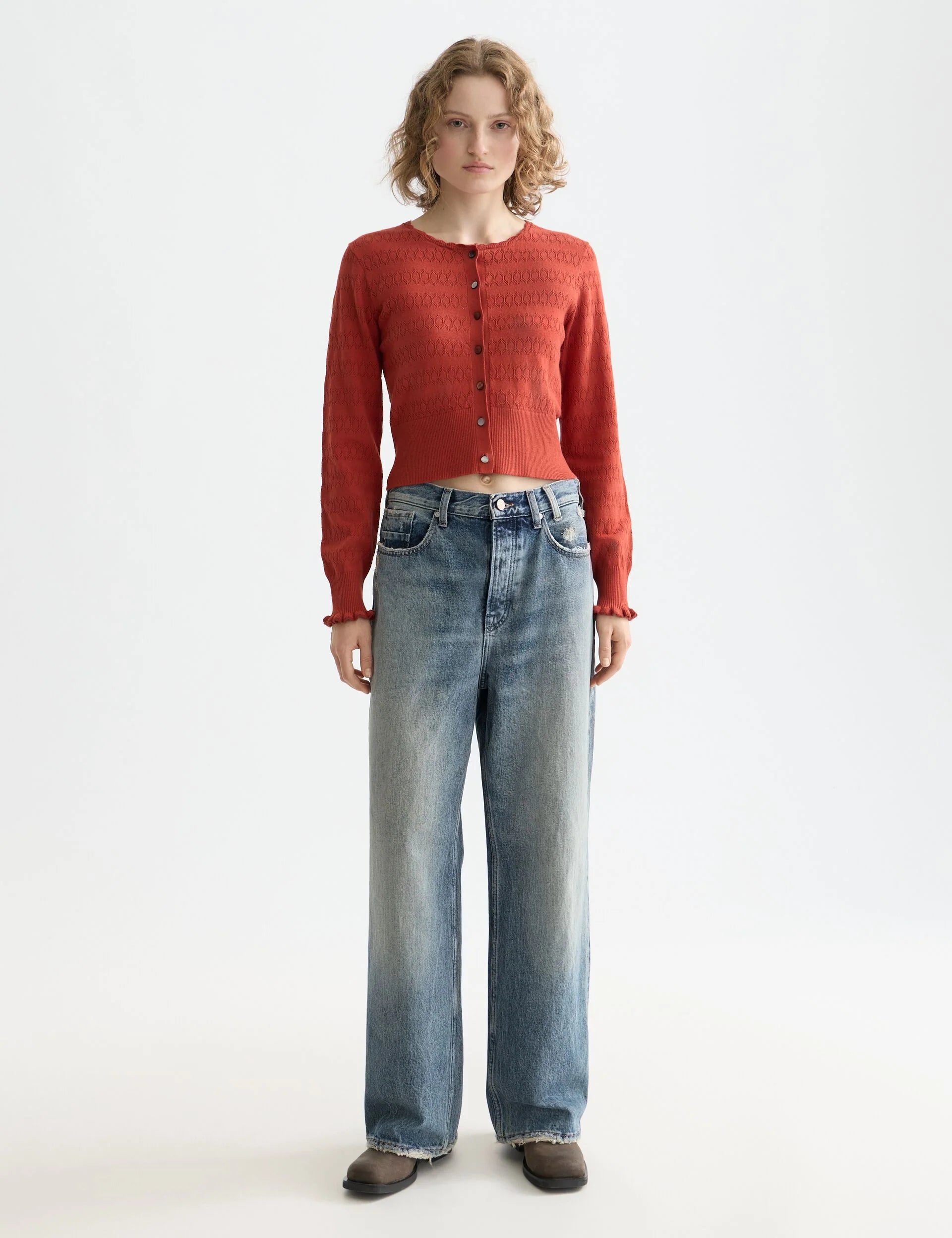 Pointelle Knit Cardigan In Red