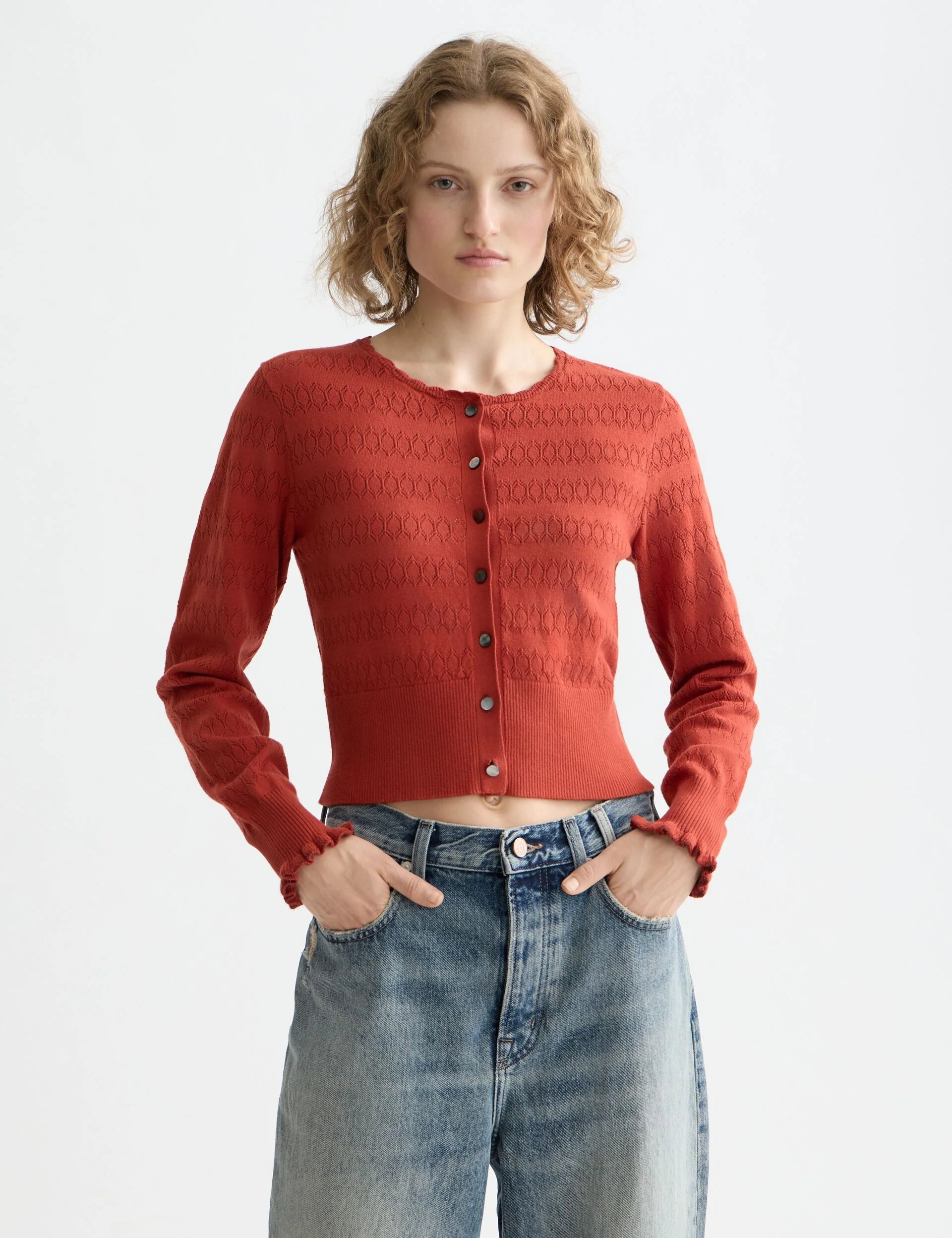 Pointelle Knit Cardigan In Red