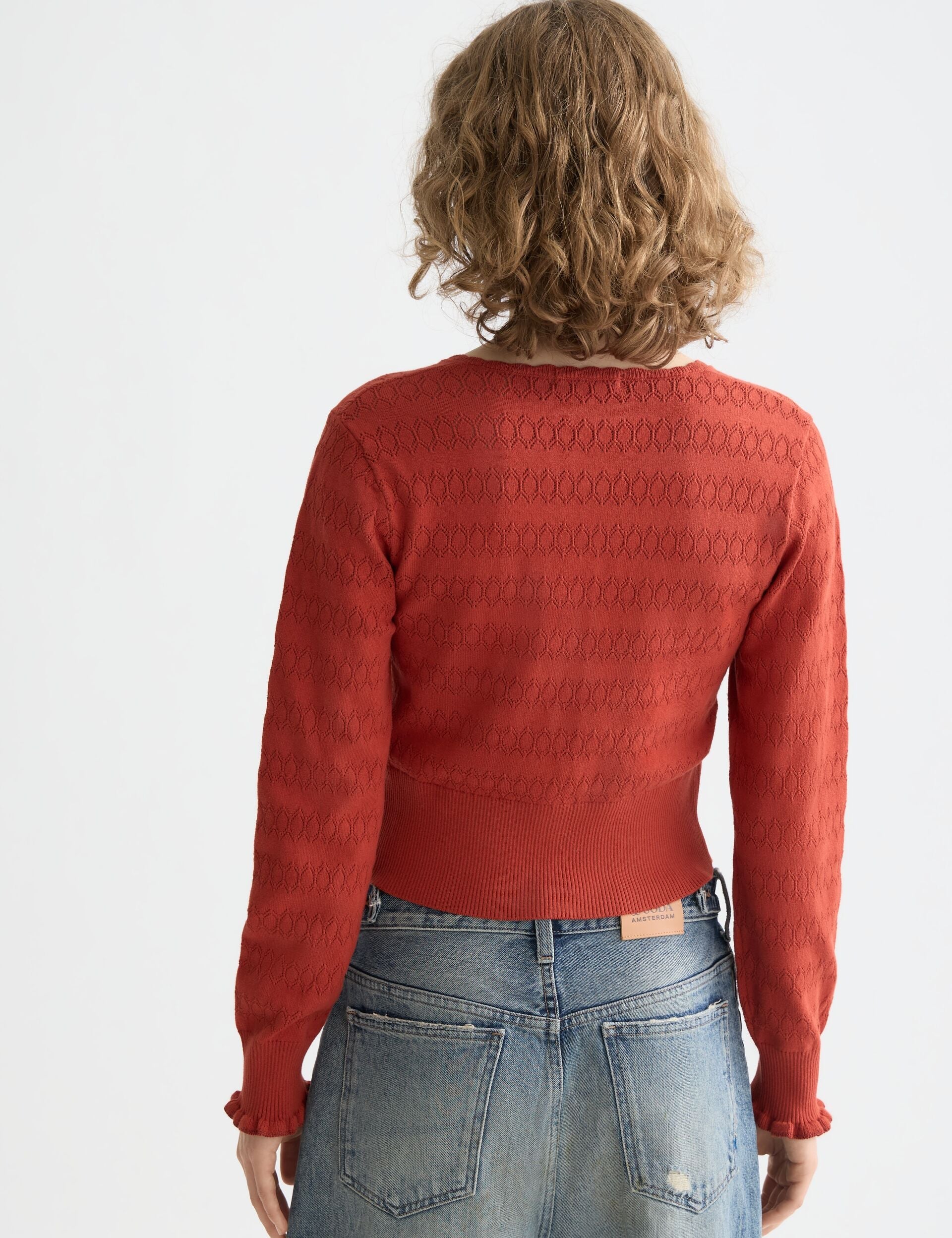 Pointelle Knit Cardigan In Red