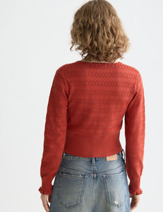 Pointelle Knit Cardigan In Red