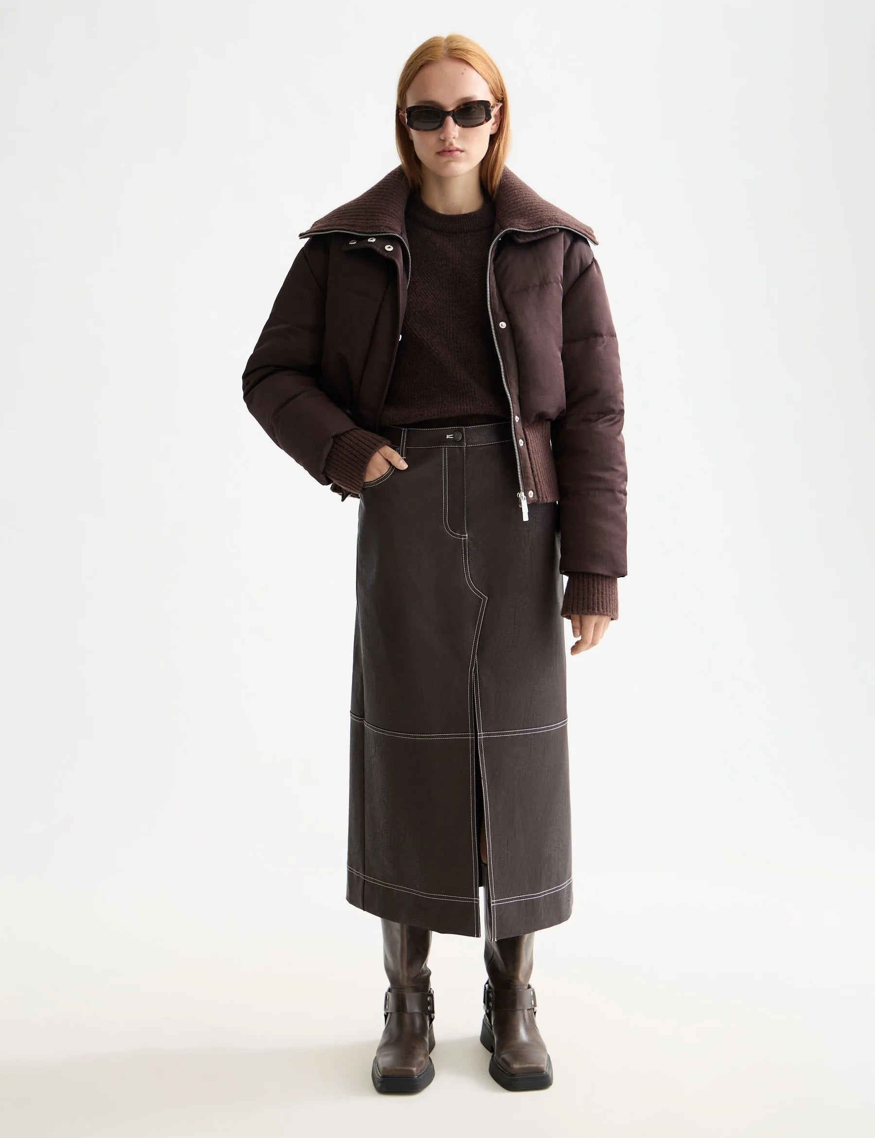 Aviator Collar Puffer Jacket In Chocolate Plum