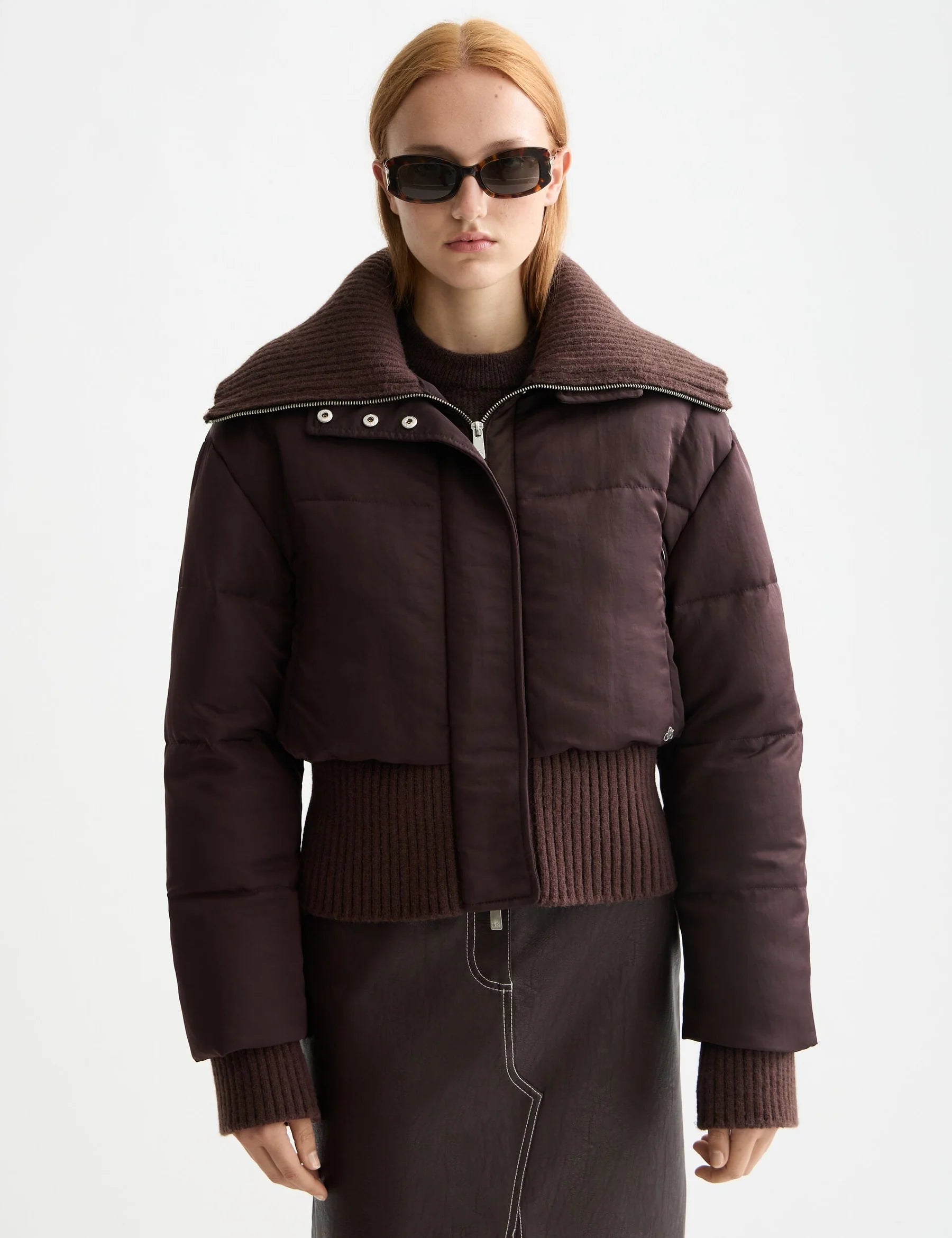 Aviator Collar Puffer Jacket In Chocolate Plum
