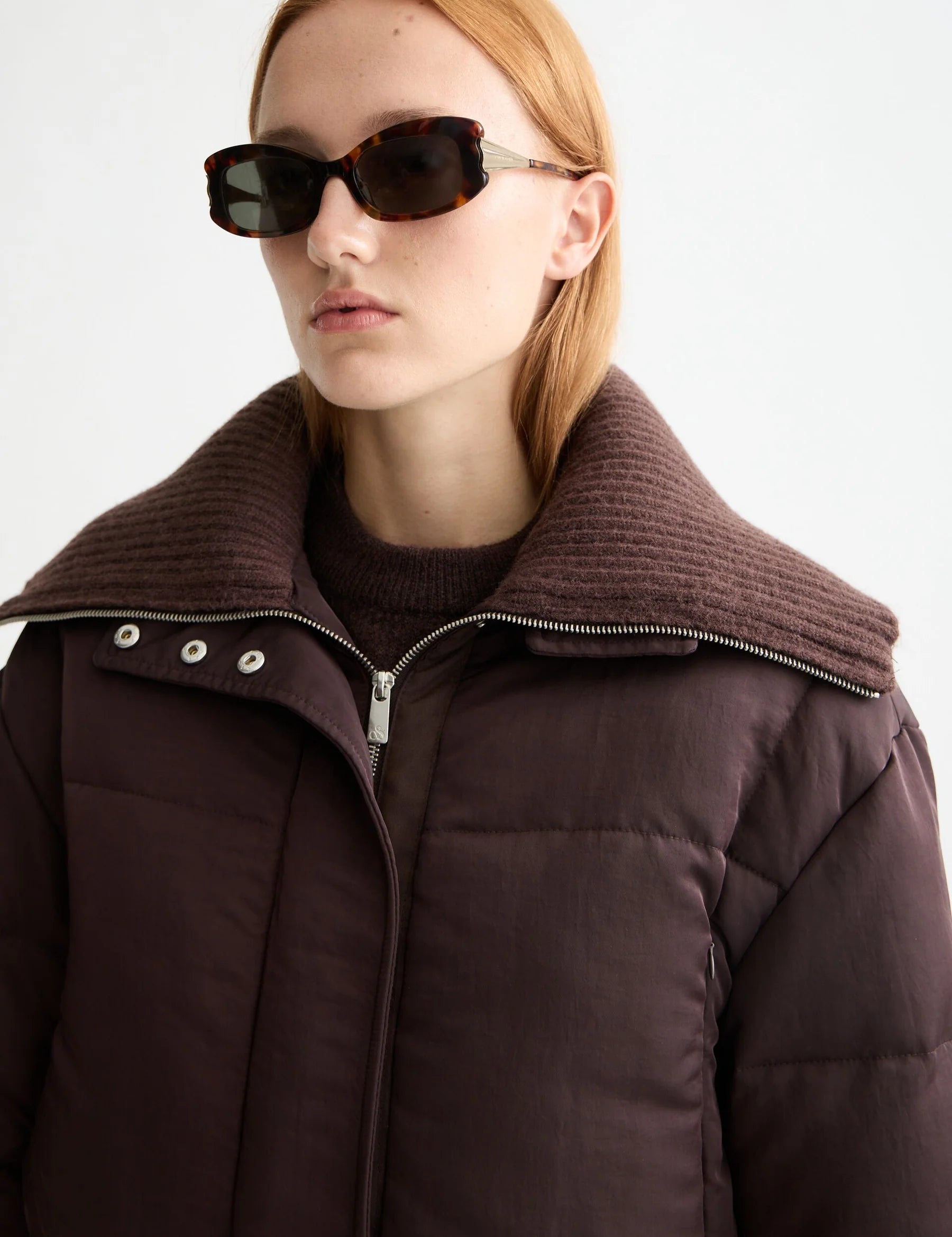 Aviator Collar Puffer Jacket In Chocolate Plum