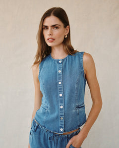 High Neck Fitted Vest In Medium Vintage Wash