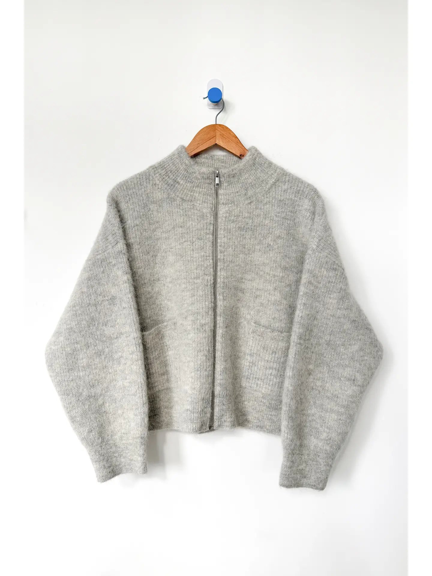 Alpaca Front Zip Sweater In Light Grey