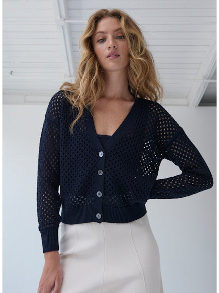 Solid Mesh Cardigan In Navy