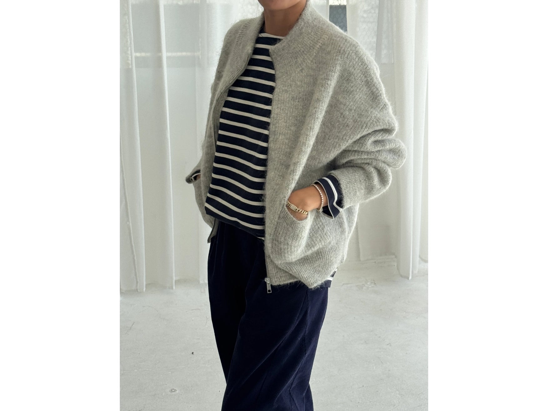 Alpaca Front Zip Sweater In Light Grey